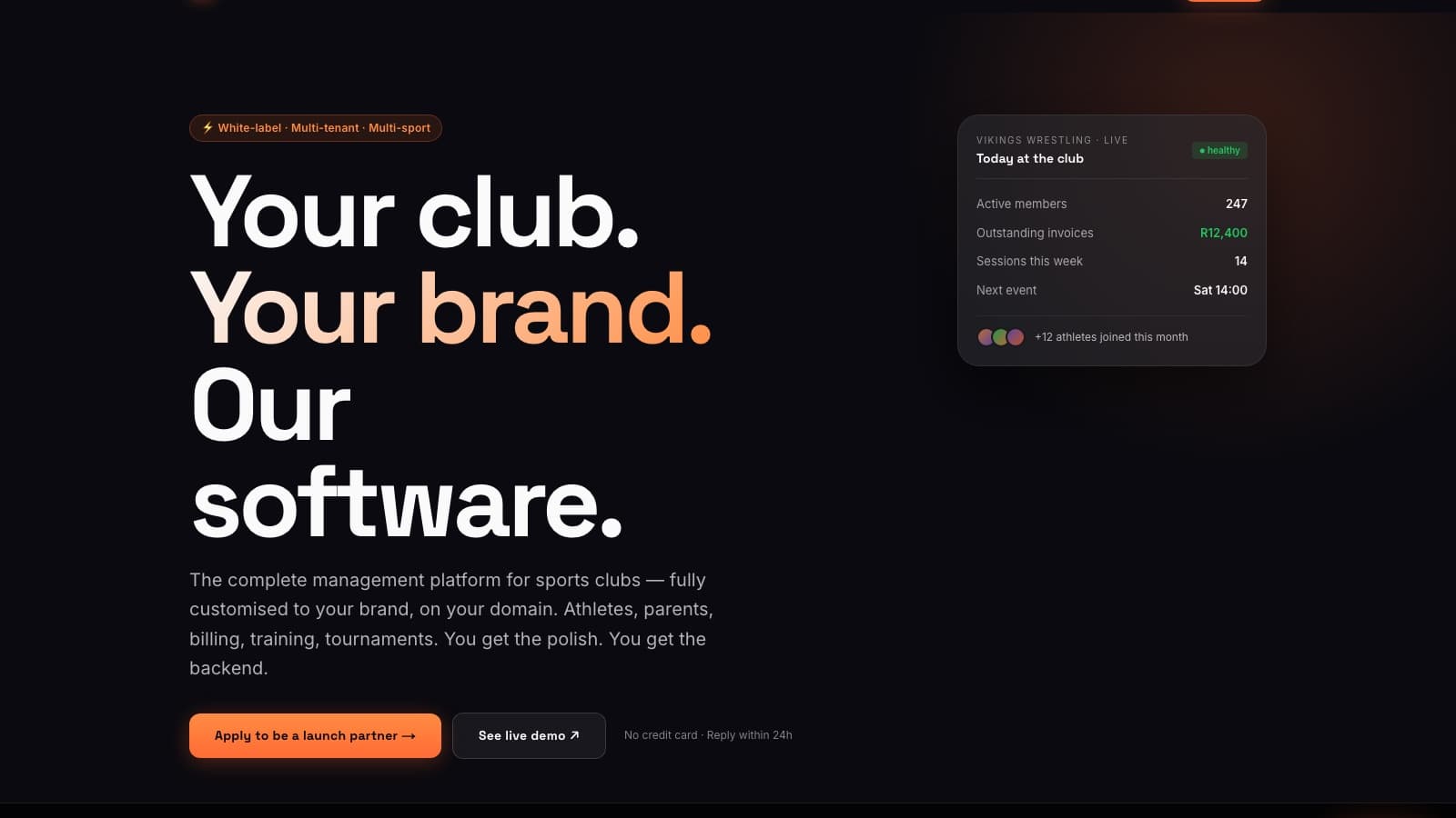 The Athleet home page: "Your club. Your brand. Our software." beside a live club dashboard card