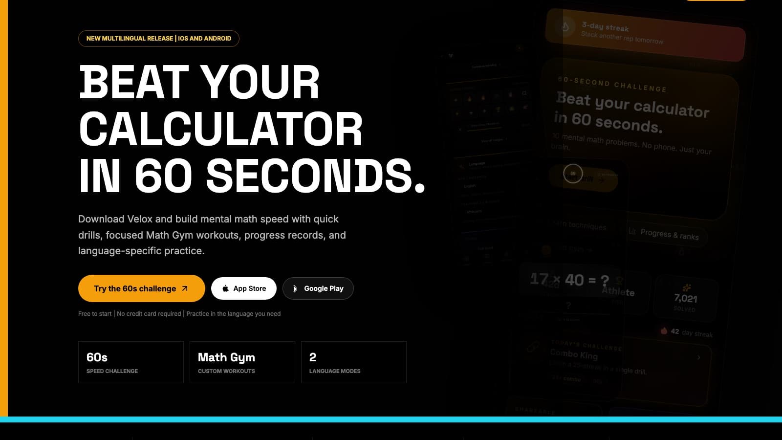 The Velox site: "Beat your calculator in 60 seconds" with App Store and Google Play buttons